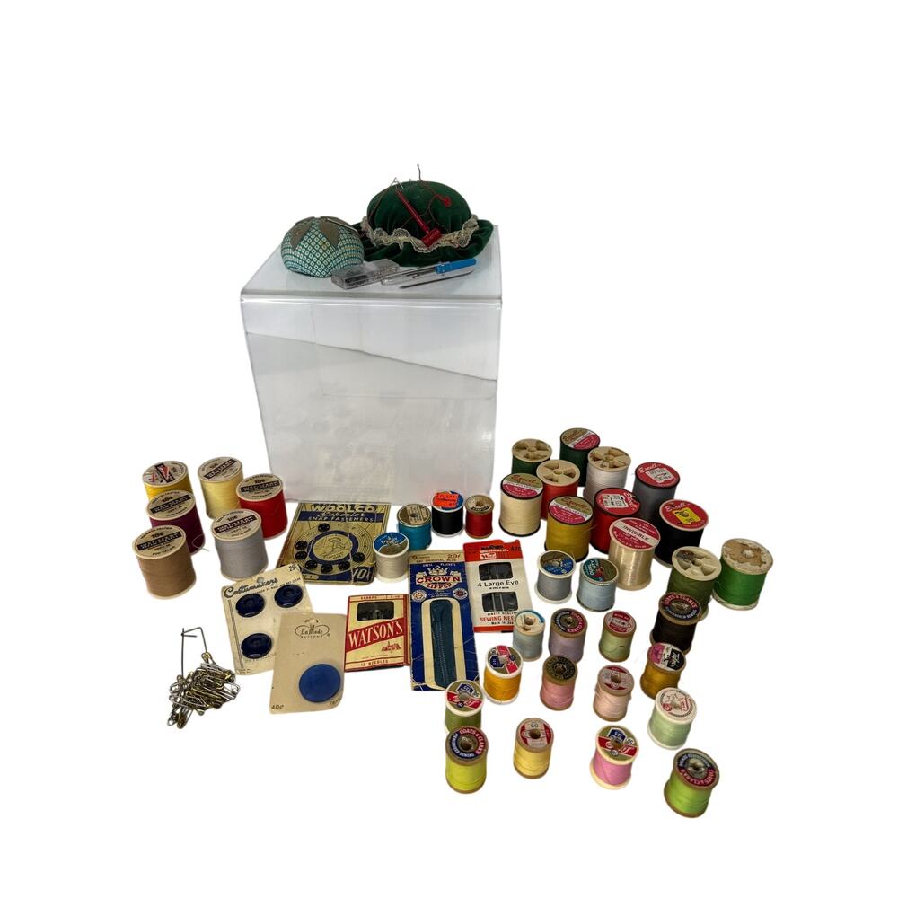 Vintage Sewing Notions Lot Wooden Thread Spools Pin Cushions Buttons Zippers